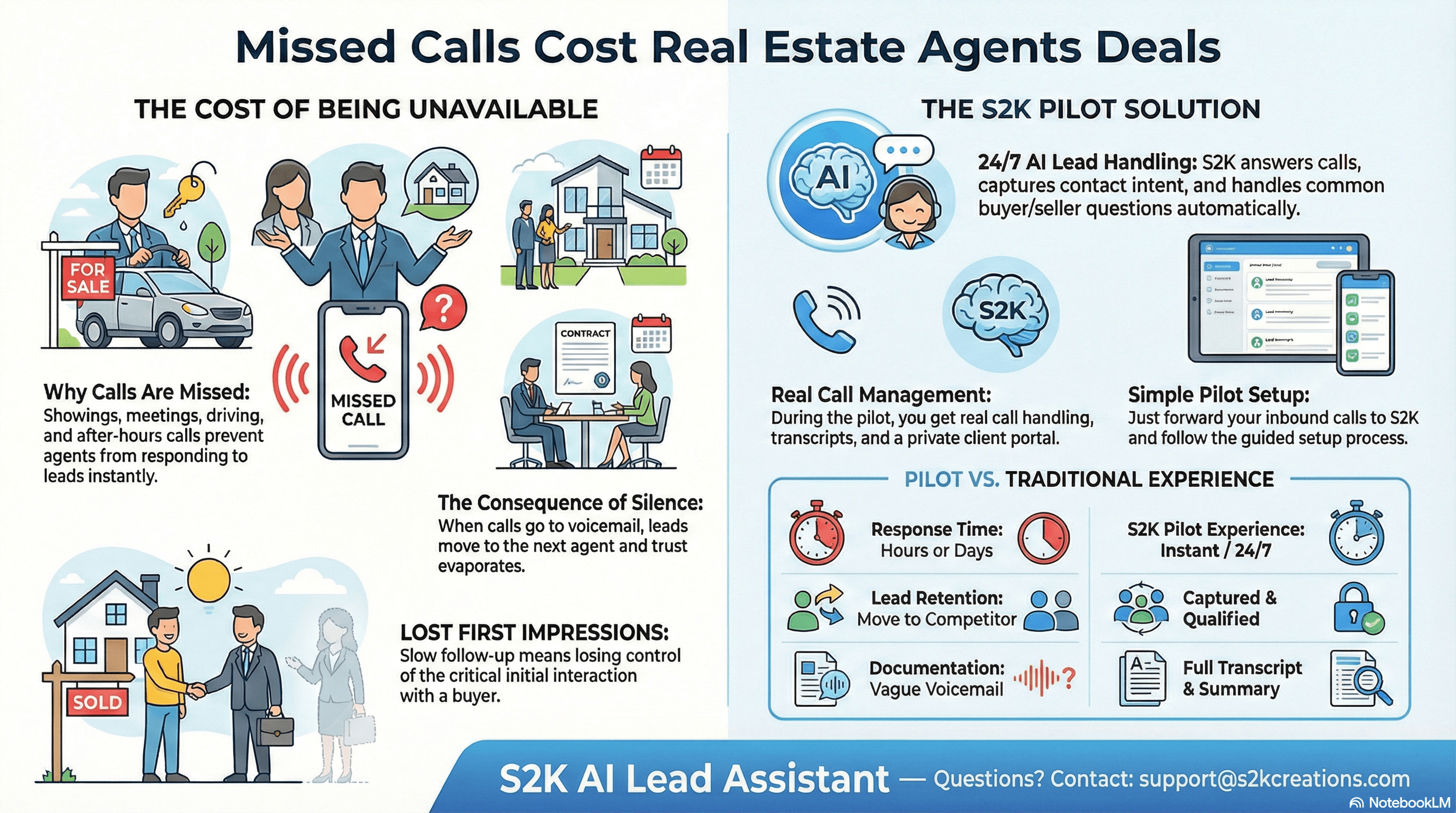 Infographic showing how missed calls cost real estate agents deals: statistics on lead response times, voicemail conversion rates, and the impact of delayed follow-up on client acquisition